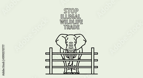 Stop illegal wildlife trade concept illustration with elephant behind fence.