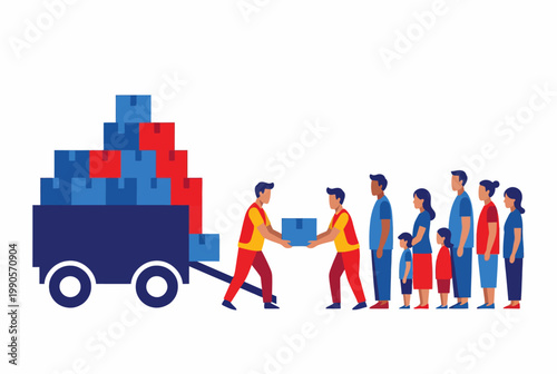 Flat vector illustration of volunteers distributing aid boxes from a cart to a queue of people.