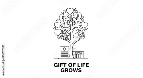 Organ donation concept illustration with a tree of human organs and hospital building.