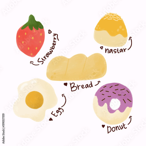 This charming illustration features a collection of five food items depicted in a soft, textured watercolor style. 