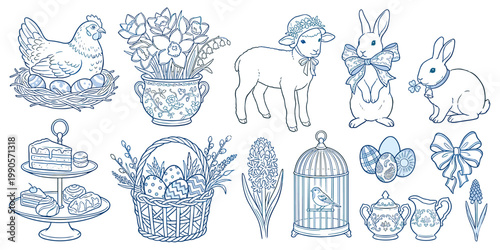 Hand Drawn Easter Celebration Elements Set, Vintage Blue Line Art Illustration of Spring Flowers, Rabbits, Lamb, and Tea Time Treats Isolated on White