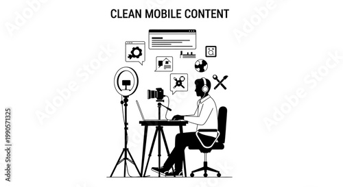 Content creator working at a desk with camera and ring light for mobile media production.