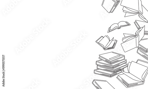 本や書類が積み上がった白黒線画背景フレーム（左余白コピースペース）