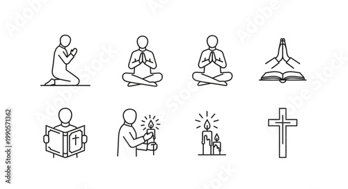 Collection of religious symbols and figures in line art style.