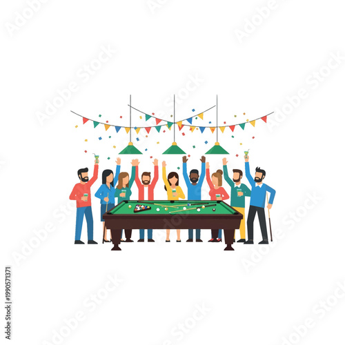 Friends celebrate around a pool table with drinks and colorful decorations at a party