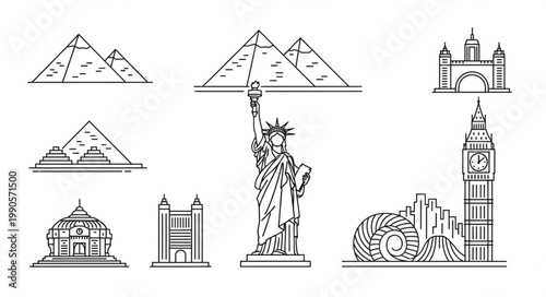 Collection of famous world landmarks in line art style.