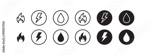 Water, Fire, Lightning Icons, Black and White Vector Symbols