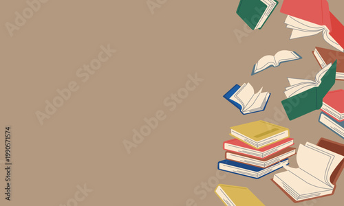 レトロな配色の本や書類が積み上がった背景フレーム（左余白コピースペース）