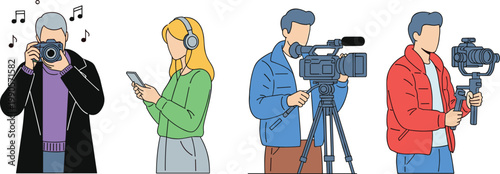 Creative Media Professionals Set With Photographer Musician Videographer And Camera Operator Cartoon Vector Character Illustration