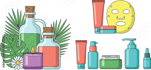 Skincare And Spa Beauty Products Set With Essential Oil Bottles Candle Face Mask And Cosmetic Containers Vector Illustration