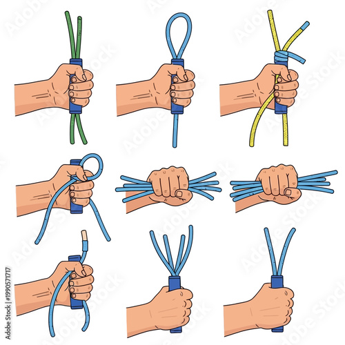 Hands demonstrating knot tying techniques with colored ropes step by step