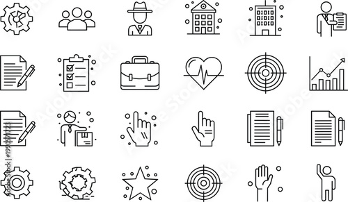 Business and analytics line icon set featuring management targets growth documents and corporate workflow concepts collection