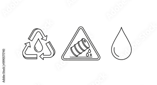 Recycling symbol hazardous waste warning and water drop icons.