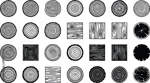 Various black and white wood grain patterns and tree ring designs on a white background for use in design and decoration