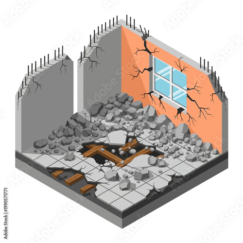 A damaged building interior with rubble and cracks shows destruction scene.