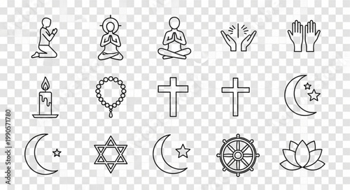 Collection of Religious Symbols and Icons in Line Art Style.