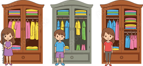 Children Standing In Front Of Open Wardrobe With Colorful Clothes Cartoon Vector Illustration Character Set