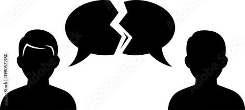 Silhouette of two people with a broken speech bubble representing communication breakdown