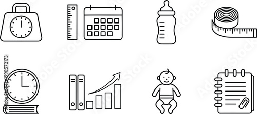 Comprehensive Life Stages and Business Management Icon Set Featuring Infancy Development Health Tracking Professional Productivity Growth Analytics and Strategic Planning Symbols.