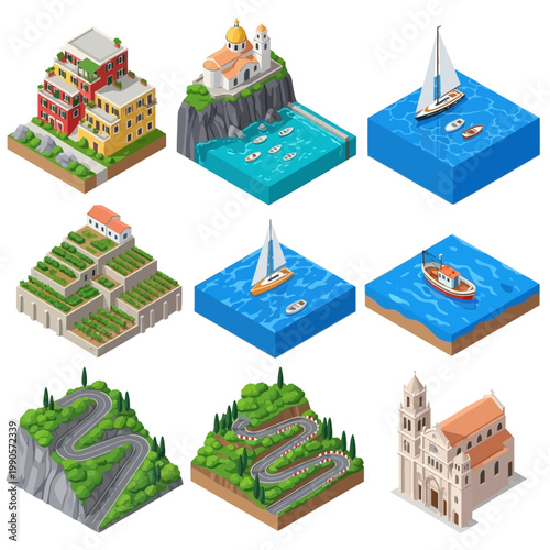 Isometric 3D sailboats and buildings situated near roads and farmlands on landscapes
