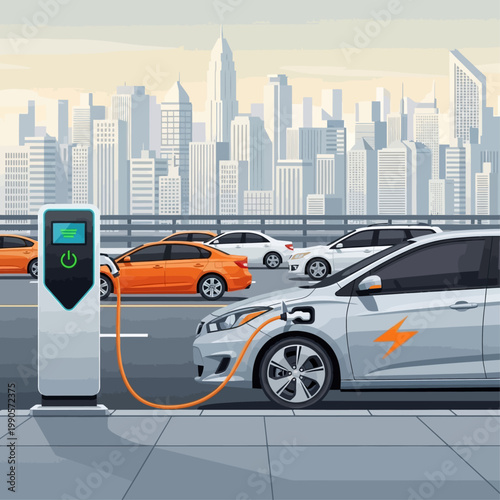 Electric car charging at station on highway with cityscape background and orange cord