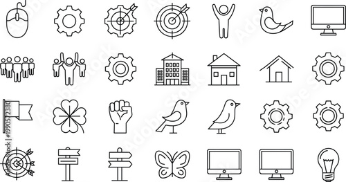 Business and lifestyle line icon set featuring targets success nature technology and everyday symbols collection