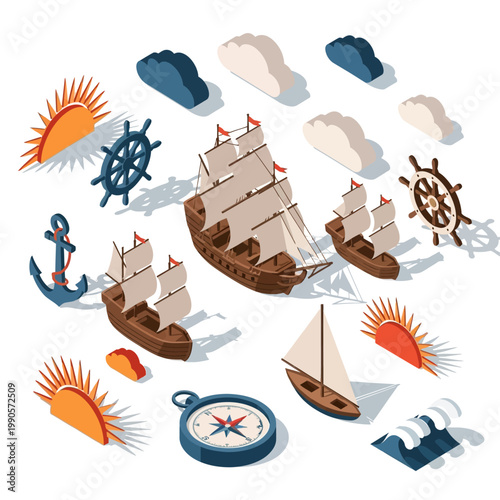 Sailing ships navigate through cloudy seas with compass and wheel nearby
