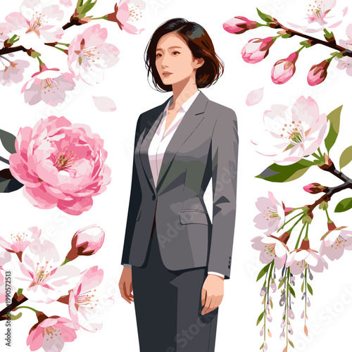 Create a realistic kinds of deferent Cherry blossoms and a woman (in a business suit) vector art with white background..