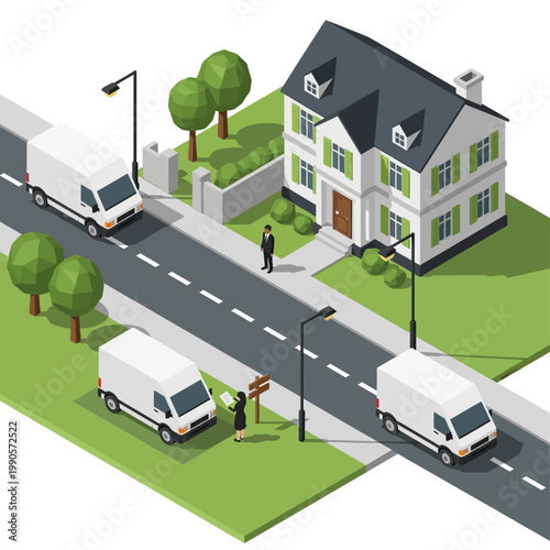 A suburban house with moving vans parked on the street and people loading boxes.