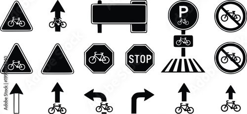 Bicycle traffic signs and symbols for road and bike lane navigation guidance