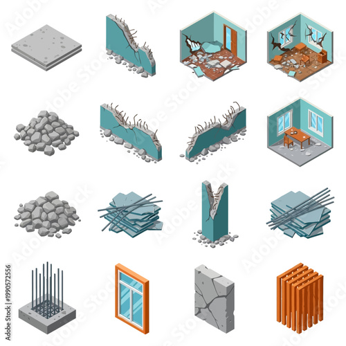 Construction site with damaged walls and rebar on the ground in industrial area