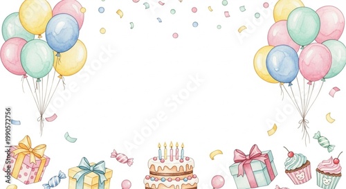 birthday card with cake and balloons
