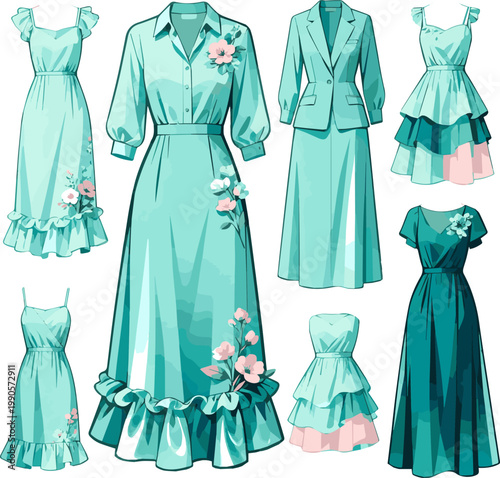 Create a realistic kinds of deferent March dress (Aquamarine) vector art with white background..