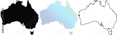 Set of Australian map silhouettes including solid black shape, colorful dotted grid pattern, and minimalist outline design for geographic projects and presentations.