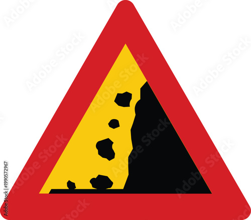 Right Avalanche or Rockfall Risk Ahead Warning Triangle Red and Yellow European Traffic Sign Isolated