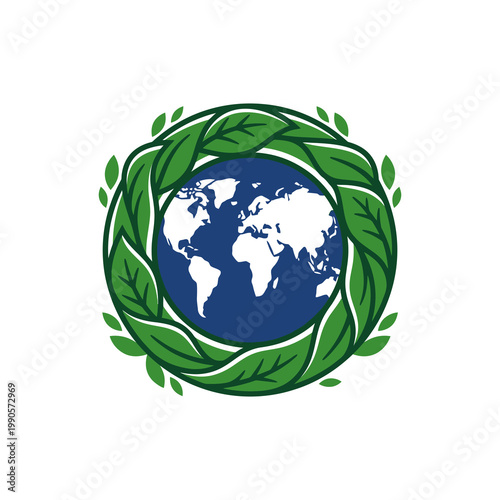Global Ecology Symbol with Green Leaf Wreath and World Map