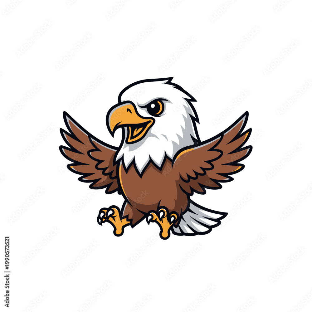 Fototapeta premium Vector illustration of a cute bald eagle mascot character in a chibi style, featuring a white head, yellow beak, and brown wings spread wide on a plain white background.