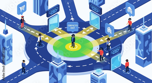 Conceptual illustration of a smart city intersection with people interacting with digital interfaces and autonomous vehicles.