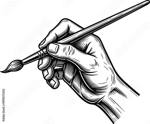 Vintage Engraving Illustration of a Hand Holding an Artist Paintbrush for Creative Studio Logos Fine Art Education and Craft Workshop Graphic Design