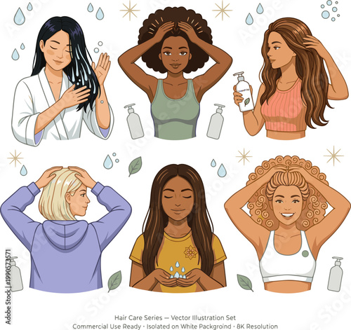 Create a realistic kinds of deferent woman shampooing vector art with white background.