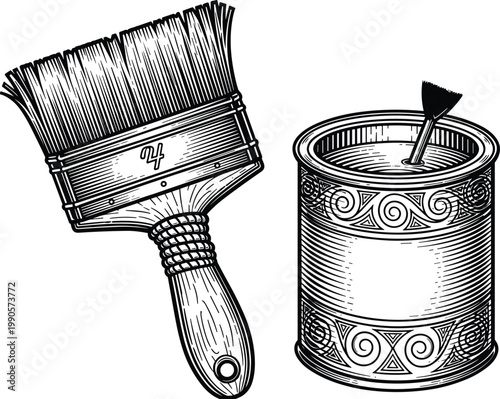 Vintage Engraving Style Paint Brush and Paint Can Vector Illustration for Hardware Store Branding Professional Painting Services and Home Renovation Projects