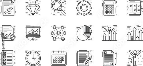 Business finance and productivity line icon set featuring analytics reports scheduling tools success growth and planning concepts