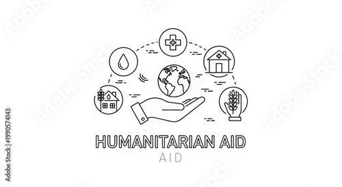 Humanitarian aid concept illustration with global icons for water medical shelter and food.