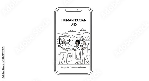 Smartphone screen displaying a line art illustration of humanitarian aid workers delivering supplies.