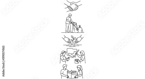 Line art icons representing social responsibility cooperation and environmental care.
