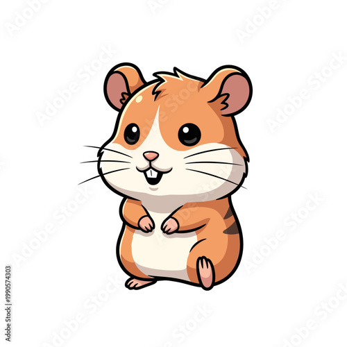 Cute Chibi Hamster Mascot Character Illustration, Orange and White Syrian Hamster Standing on Hind Legs with Big Eyes and Smiling Expression, Isolated on White Background Vector Art Style.