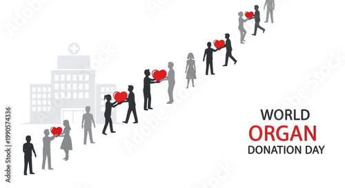 A line of people passing red hearts to each other representing World Organ Donation Day.