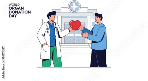 A doctor giving a red heart to a patient for organ donation.