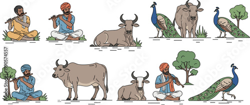 Traditional Indian Rural Life Vector Set Featuring Village Musicians Playing Flutes with Peacocks, Cows, and Bulls for Cultural Heritage and Pastoral Design Projects