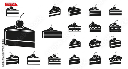 Collection of Black and White Cake Slices Icons.